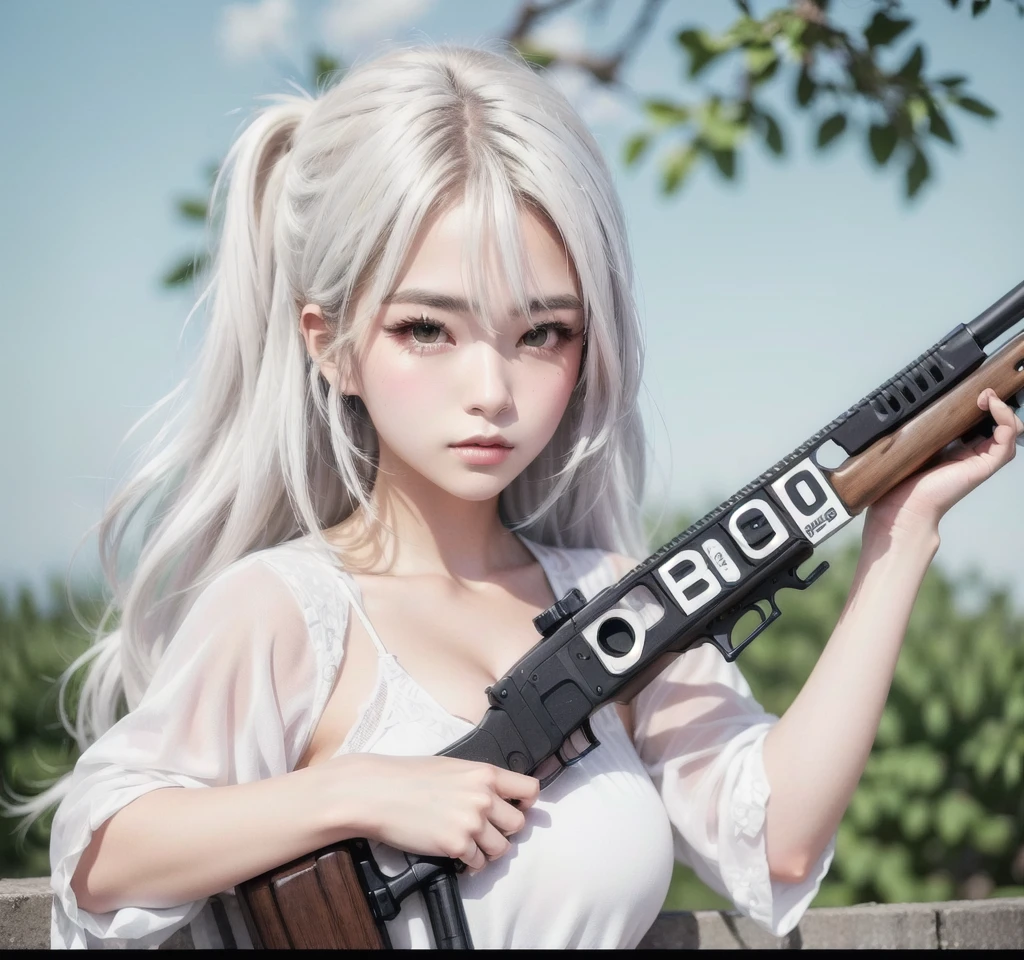 a girl holding a rifle in her hand with the words dialogue written on the rifle, anime character, anime art style, girl with white hair, straight hair, girl with a serious face