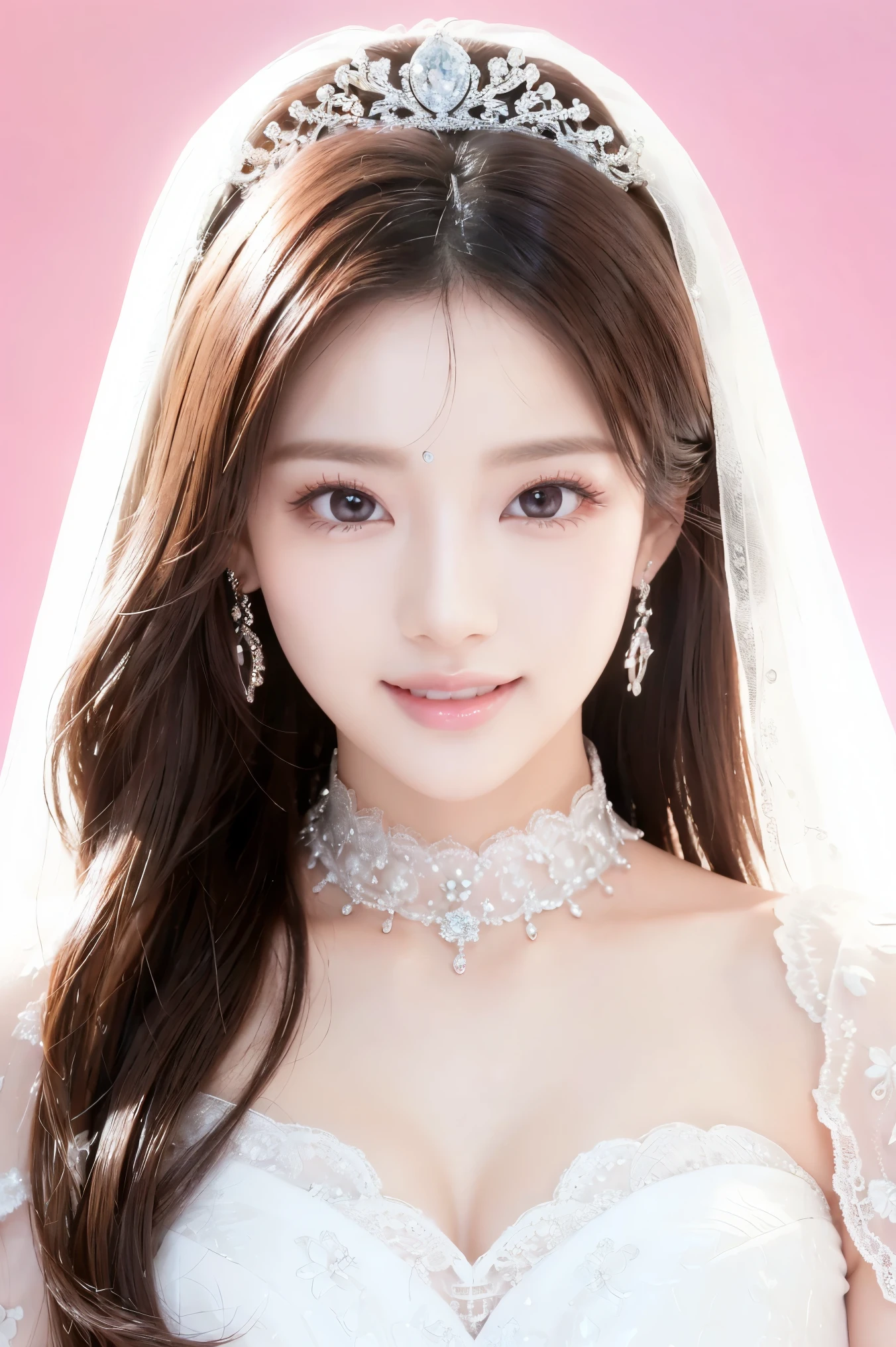 (Highest quality、Tabletop、8k、Best image quality、Award-winning works)、One beautiful bride、(alone:1.1)、(The most extravagant and gorgeous huge pure white wedding dress:1.1)、(Perfect Wedding Lace:1.2)、(The most gorgeous and luxurious giant tiara:1.1)、(The most extravagant and luxurious giant necklace:1.1)、(Huge jeweled tiara:1.1)、Cleavage、Large Breasts、Smiling widely and showing off beautiful teeth、Look at me with your best smile、The finest jewellery decoration、Perfect Makeup、Long eyelashes、Ultra HD Shining Eyes、Ultra HD Hair、Ultra-high resolution glossy lips、Ultra High Resolution Perfect Teeth、Super high resolution beautiful face、(Accurate anatomy:1.1)、Very bright and beautiful skin、very bright and vivid、Beautiful glossy lips、Perfect beautiful bridal hairstyles、(Front facing body:1.1)、(Solid pink background:1.2)