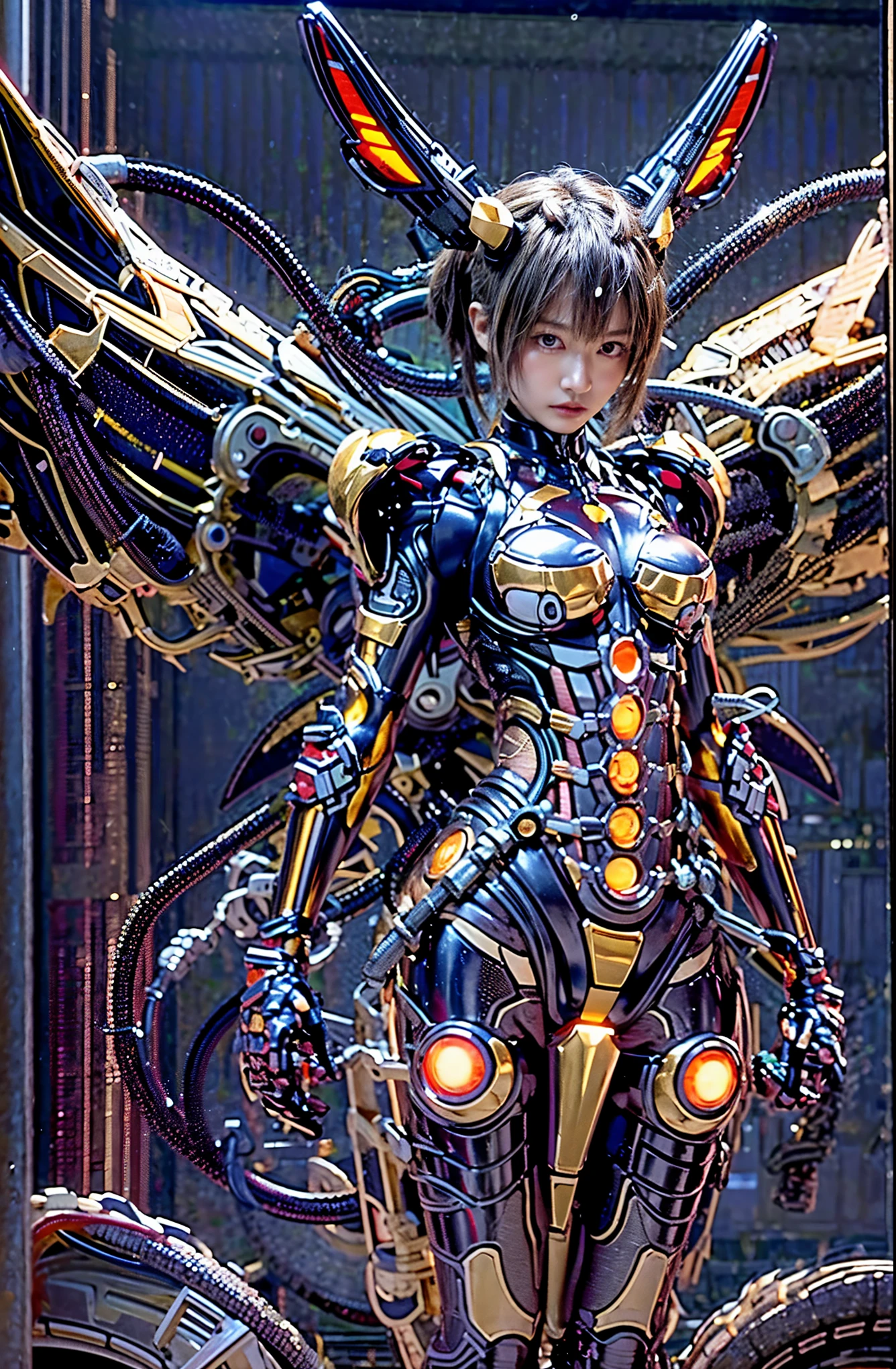 Masterpiece, (best quality:1.2), 8k, Japanese woman in snake-type bio suit, biological base with bronze and gold accent, (extremely cute face), (mechanical bat wings), hydraulic cylinder, power pipe, muscle fiber, ultimately intricate all details, full body shot, (ultimately photo Realistic:1.37), dystopia with a beautiful view at night, (bioroid:1.2), (biopunk:1.3), Full body photo, Wide-angle, Please generate at least 4 photos.