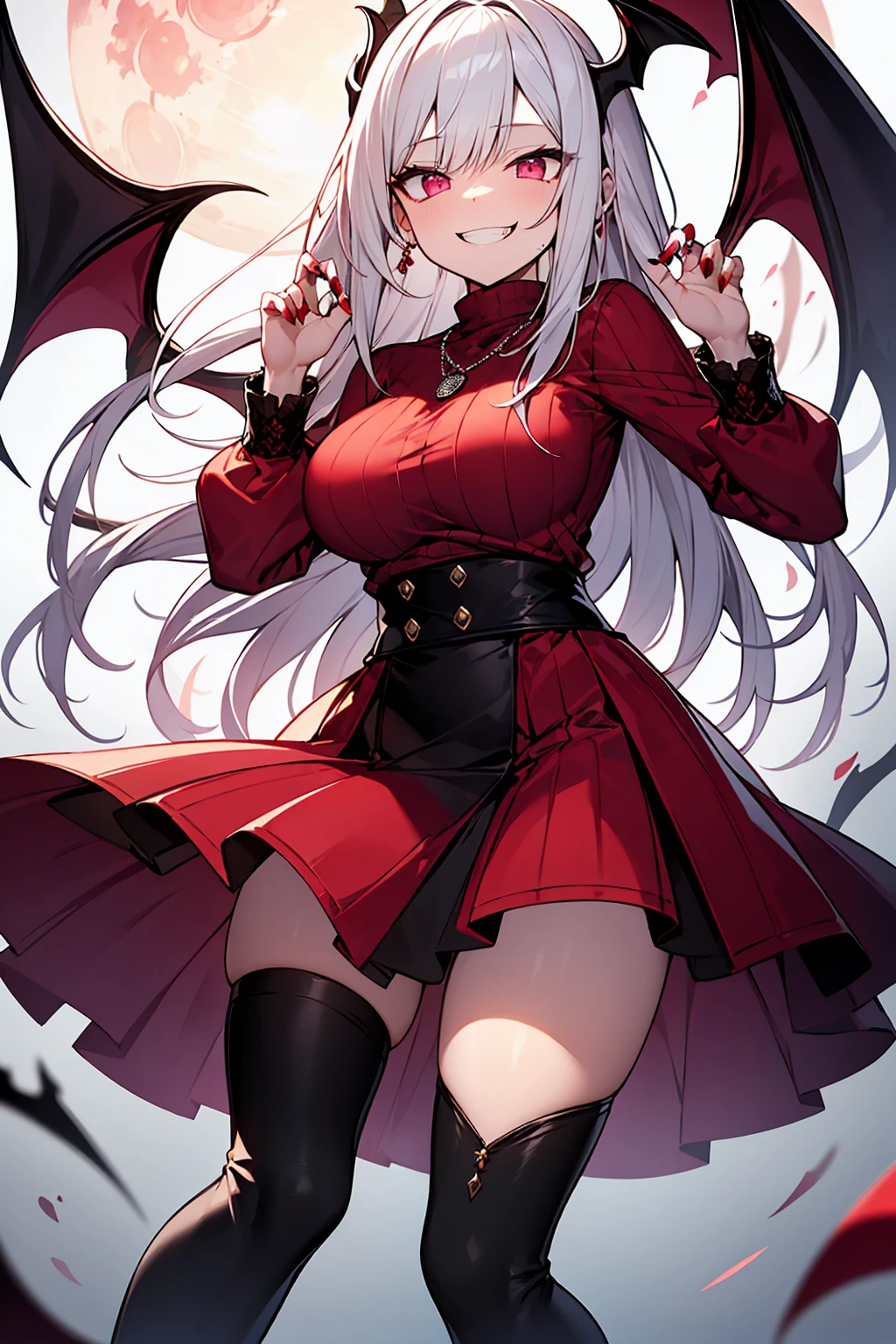 8K,  1girl, solo, sexy vampire witch, white long hair, bright red eyes, showing fangs, bat wings, smile, (blush), (shy), looking at viewer,  dynamic angle, fantastic scenery castle, big breast, show full body, magical girl, maho shojo, Gushing Over Magical Girls, white hair, red eyes, black witch hat, demon tail, long hair, big ass, bloody 