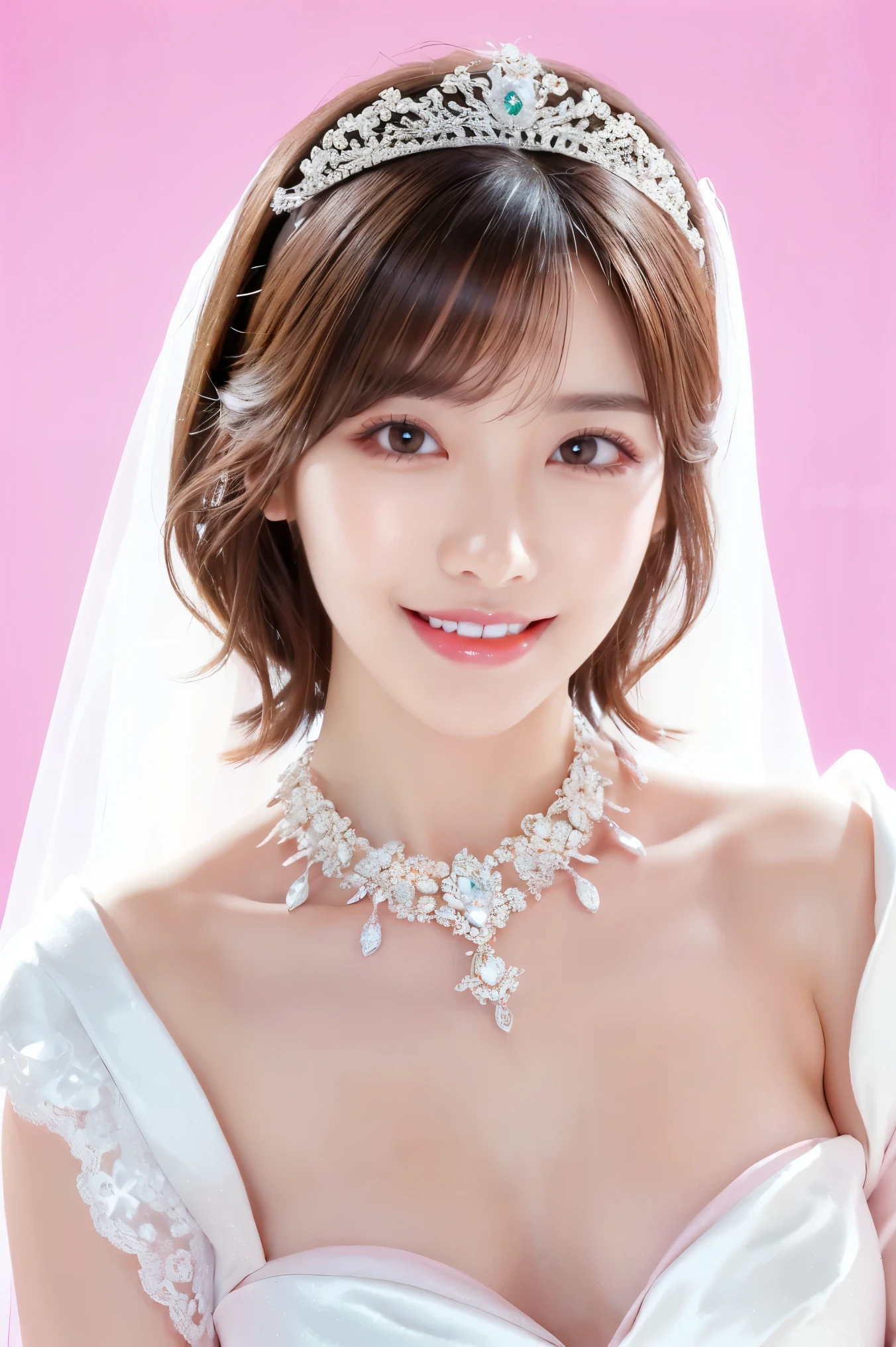 (highest quality、Tabletop、8k、Best image quality、Award-winning works)、One beautiful bride、(alone:1.1)、(The most extravagant and gorgeous huge pure white wedding dress:1.1)、(Perfect Wedding Lace:1.2)、(The most gorgeous and luxurious giant tiara:1.1)、(The most extravagant and luxurious giant necklace:1.1)、Look at me with your best smile、Finest jewelry decoration、Perfect Makeup、Long eyelashes、Ultra HD Shining Eyes、Ultra HD Hair、Ultra High Resolution Glossy Lips、Ultra High Resolution Perfect Teeth、Beautiful face in ultra-high definition、(Accurate anatomy:1.1)、Very bright and beautiful skin、very bright and vivid、Perfect beautiful bridal hairstyles、(Front facing body:1.1)、(Solid pink background:1.2)、(Short Bob Hair:1.1)