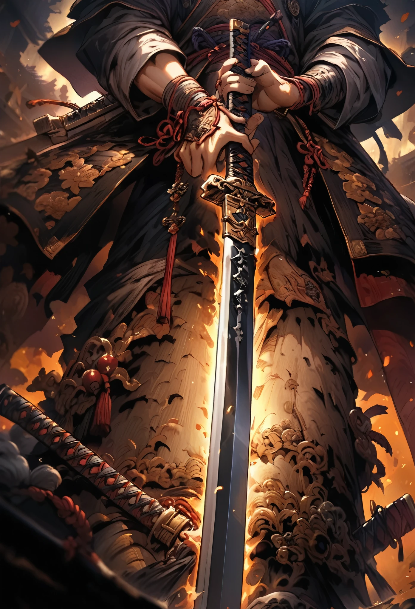 Close-up of a sword held by a samurai, face out of focus, detailed sword with edge and ornament, sword held in one hand, image taken from below reflecting the light of the metal sword