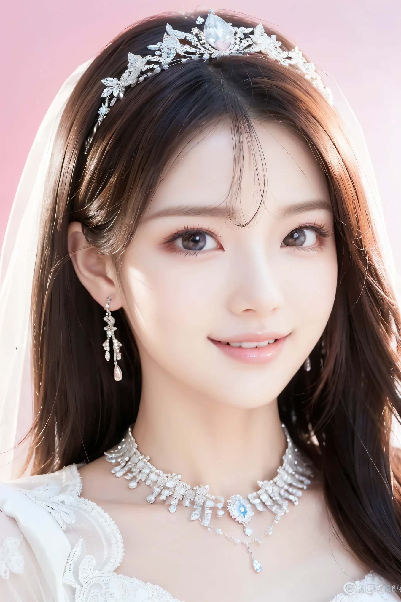 (highest quality、Tabletop、8k、Best image quality、Award-winning works)、One beautiful bride、(alone:1.1)、(The most extravagant and gorgeous huge pure white wedding dress:1.1)、(Perfect Wedding Lace:1.2)、(The most gorgeous and luxurious giant tiara:1.1)、(The most extravagant and luxurious giant necklace:1.1)、Look at me with your best smile、Finest jewelry decoration、Perfect Makeup、Long eyelashes、Ultra HD Shining Eyes、Ultra HD Hair、Ultra High Resolution Glossy Lips、Ultra High Resolution Perfect Teeth、Beautiful face in ultra-high definition、(Accurate ???????:1.1)、Very bright and beautiful skin、very bright and vivid、Perfect beautiful bridal hairstyles、(Front facing body:1.1)、(Solid pink background:1.2)、Cleavage