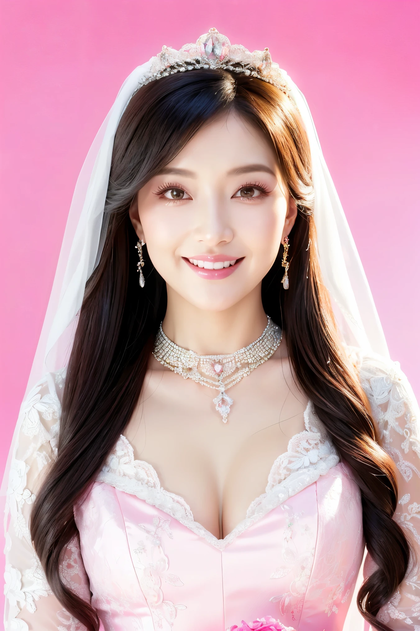 (highest quality、Tabletop、8k、Best image quality、Award-winning works)、One beautiful bride、(alone:1.1)、(The most extravagant and gorgeous huge pure white wedding dress:1.1)、(Perfect Wedding Lace:1.2)、(The most gorgeous and luxurious giant tiara:1.1)、(The most extravagant and luxurious giant necklace:1.1)、Look at me with your best smile、Finest jewelry decoration、Perfect Makeup、Long eyelashes、Ultra HD Shining Eyes、Ultra HD Hair、Ultra High Resolution Glossy Lips、Ultra High Resolution Perfect Teeth、Beautiful face in ultra-high definition、(Accurate anatomy:1.1)、Very bright and beautiful skin、very bright and vivid、Perfect beautiful bridal hairstyles、(Front facing body:1.1)、(Solid pink background:1.2)、Cleavage