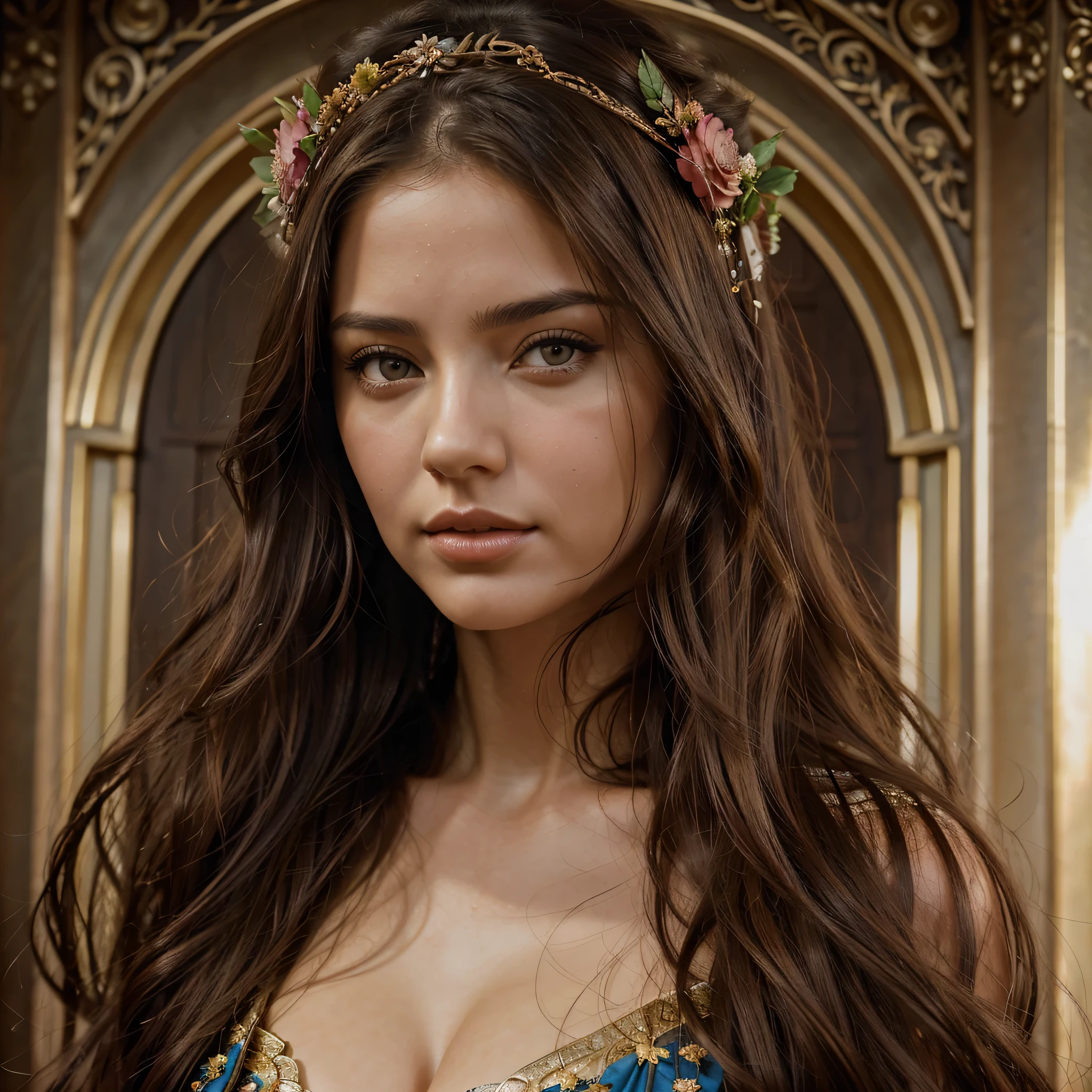 Adriana Lima, thick brown hair, chaude menue, Fille ukrainienne, Wavy brown hair, Dasha Taran, jolie belle brune, (((une Belle femme))),1 woman , a close up of a statue of a woman with flowers, karol bak uhd, hyperrealistic art nouveau, style of karol bak, sculpture of persephone, persephone as goddess of death, goddess. extremely high detail, beautiful detailed figure, yoshitakka amano karol bak, beautiful maiden, amano and karol bak