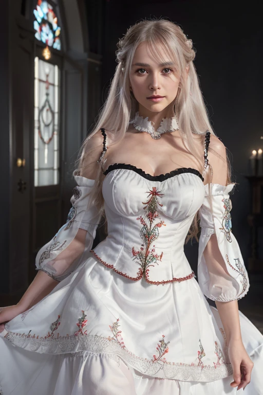 ((extrem detailliertes CG Unity 8k-Hintergrundbild)), Meisterwerk, Ultra-detailliert, schwebend, high resolution, sexually suggestive, (petite, absurdly long white hair, Prinzessin, White Magician, Blaue Augen, (verziertes langes, white-red, durchsichtiges, mehrlagiges Kleid mit langen, abgesetzten, wide sleeves and elaborate embroidery), Brautschleier, Reif, Brautstulpen, Blush, shy, Nach hinten gebeugt, Ruffled underskirt, verziertes Korsett,