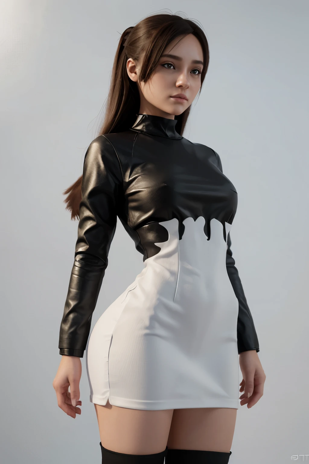 Desenho de uma  com rabo de cavalo e vestido, bonitinho 3d rendering, bonitinho detailed digital art, mini bonitinho girl, bonitinho digital painting, Stylized 3D rendering, bonitinho digital art, bonitinho rendering 3d anime girl, pequena curva , bonitinho! c4d, A single full-body character, Standing on a white base