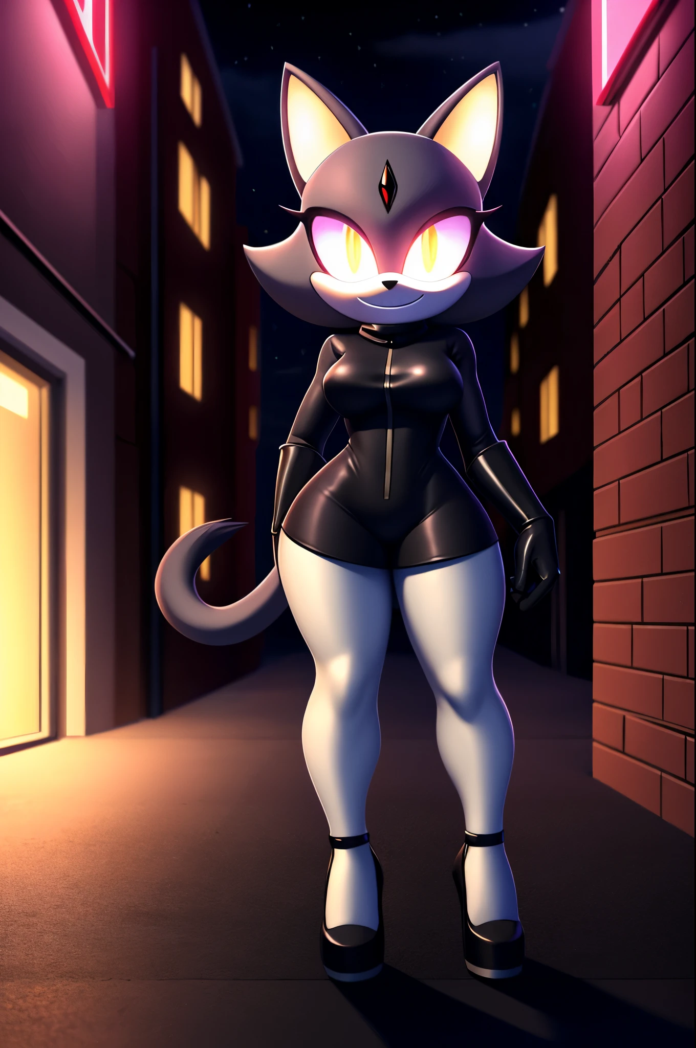 (((masterpiece))), High quality, studio quality, dark colors, 4K, Single character, Mobian, tall thin character, fluffy and thin gray fur, catwoman demon, wear a gray coat with tails, white leggings, black high heels, evil smile, Triumphal pose, Long fluffy tail, red glowing eyes, Dmnaya atmosphere, in a dark city alley, night, digital art