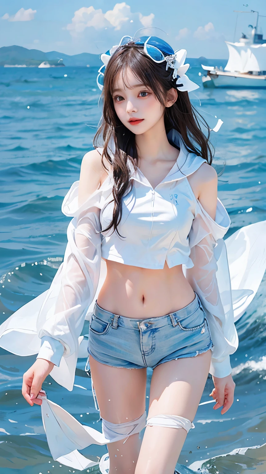 In the clear blue sea、Wearing a white hoodie fluttering in the wind、A woman wearing shorts、standing on the waves。Her hair is long、Shine white、Swaying in the waves。belly button。