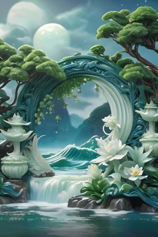 jade Sculpture, jade, Seascape, waterfall, floral background, pure white jade, Blue moon, cinematic light, trending on ArtStation , (intricate details, masterpiece, best quality), dynamic pose, (Use Dream Diffusion Secret Prompt), (Framed 3D, Jade), UHD