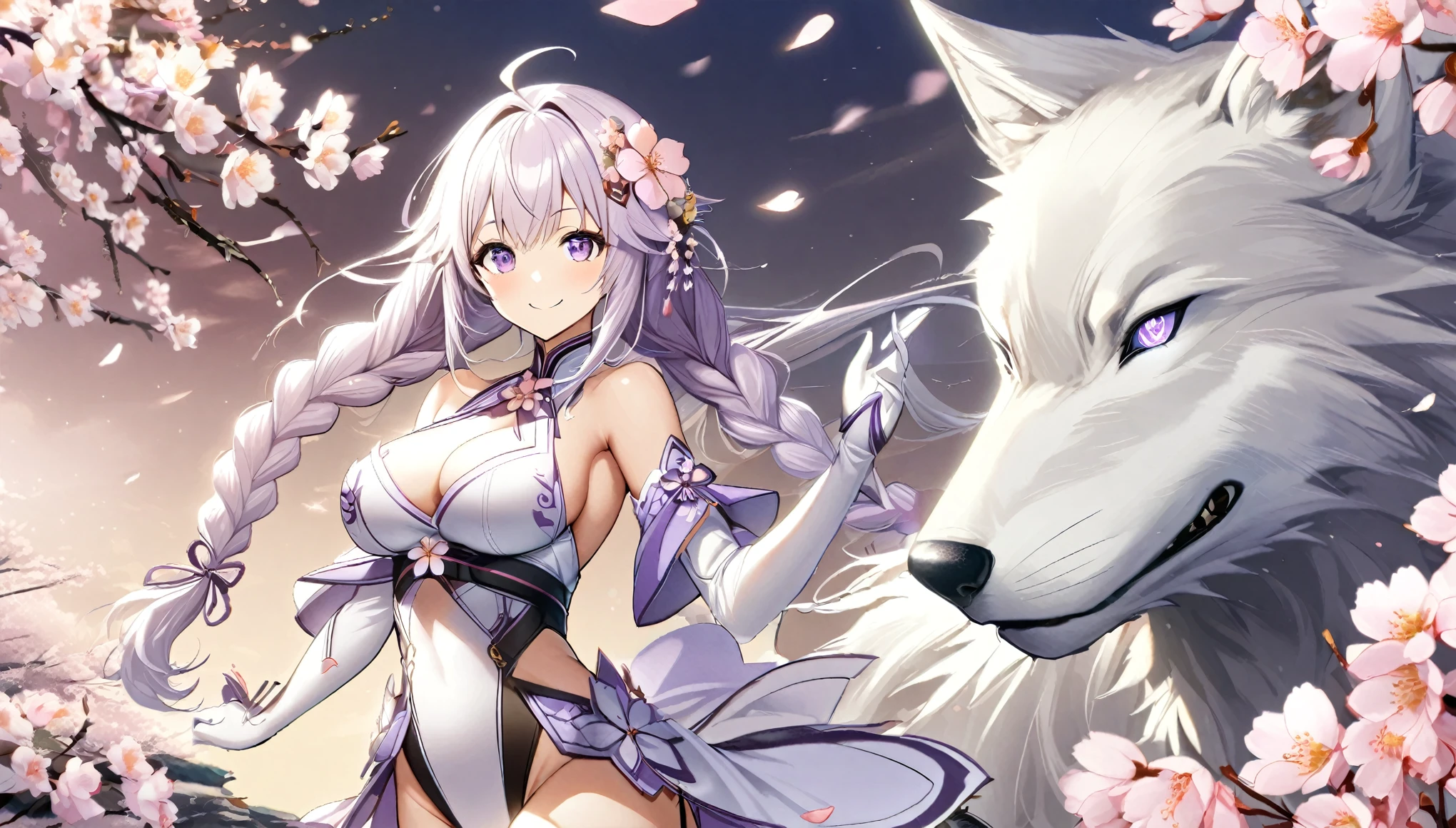 1girl,braid,ahoge,long hair,flower, hair ornament, cherry blossoms, hair flower, wolf, white fur, petals, twin braids,  smile, purple eye,gloves, breasts,large breasts,elbow gloves,white gloves, bangs, bare shoulders,leotard,