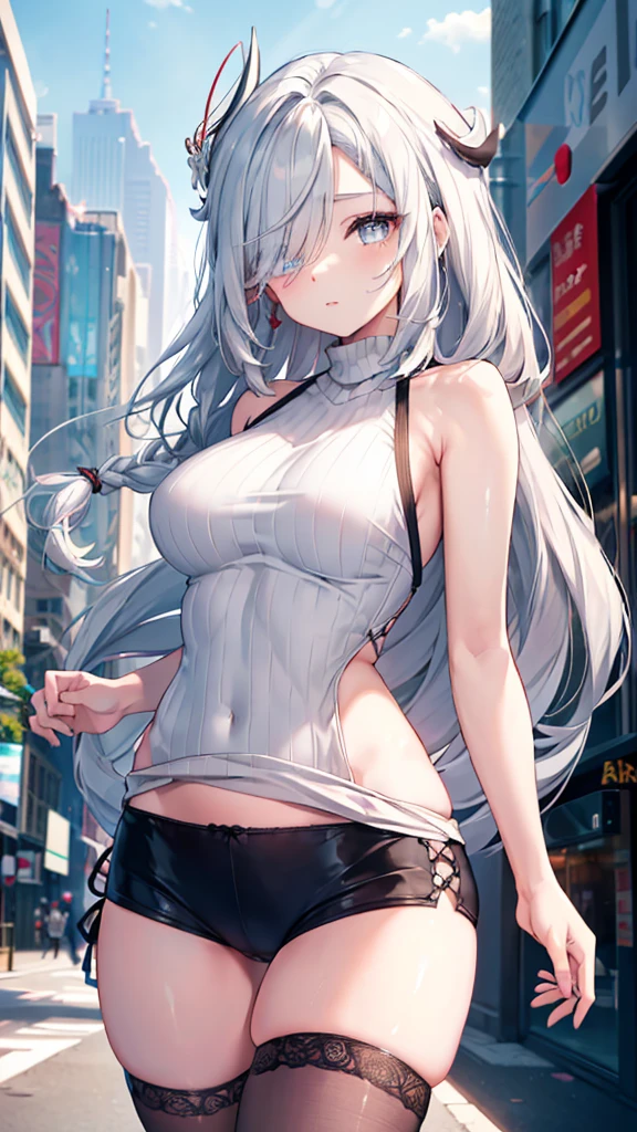 (masterpiece, best quality:1.5), (ultra detailed, high resolution, 8k, beautiful detailed, UHD, best anatomy), 1 cute girl, white hair, medium breasts, sleeves past fingers, Flabby Clothes, Hip-Hop Style, 1 shirt