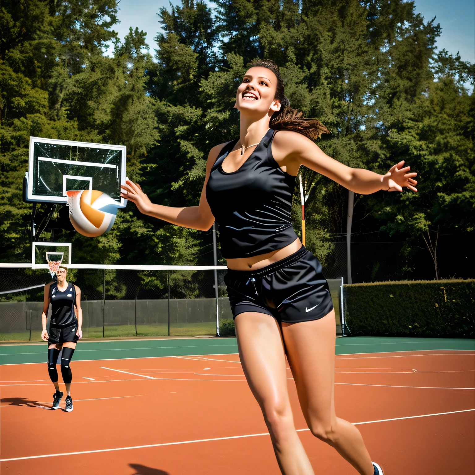 Woman in a black tank top and tight black shorts, on the court, is jumping to catch a ball, in an action pose, doing a kick, dynamic action kick, mid shot from behind, back kick, flying shot, back kick, long kick from behind, from outside, playing volleyball, jumping horizontally!!!, jumping towards the spectator, jumping towards the spectator, playing basketball, volleyball, profile picture, candid photo, extremely sexy, naughty photo, slut, player volleyball player, sexy player wearing daring shorts.
A beautiful Brazilian woman, with white skin, dark brown hair. She is around 40 years old, 162 cm tall and weighs 56 kg. Her body exudes glamor and her face is a definition of beauty. Slender body, thin waist. Highly realistic, hyperrealism, very elaborate skin, high quality photo. Sharp Photo, High Resolution, High Quality, Masterpiece, 16K Photo, Sharp Photo, High Contrast, Masterpiece, (Photographically Realistic)), NUDE, NUDITY, NFSW.