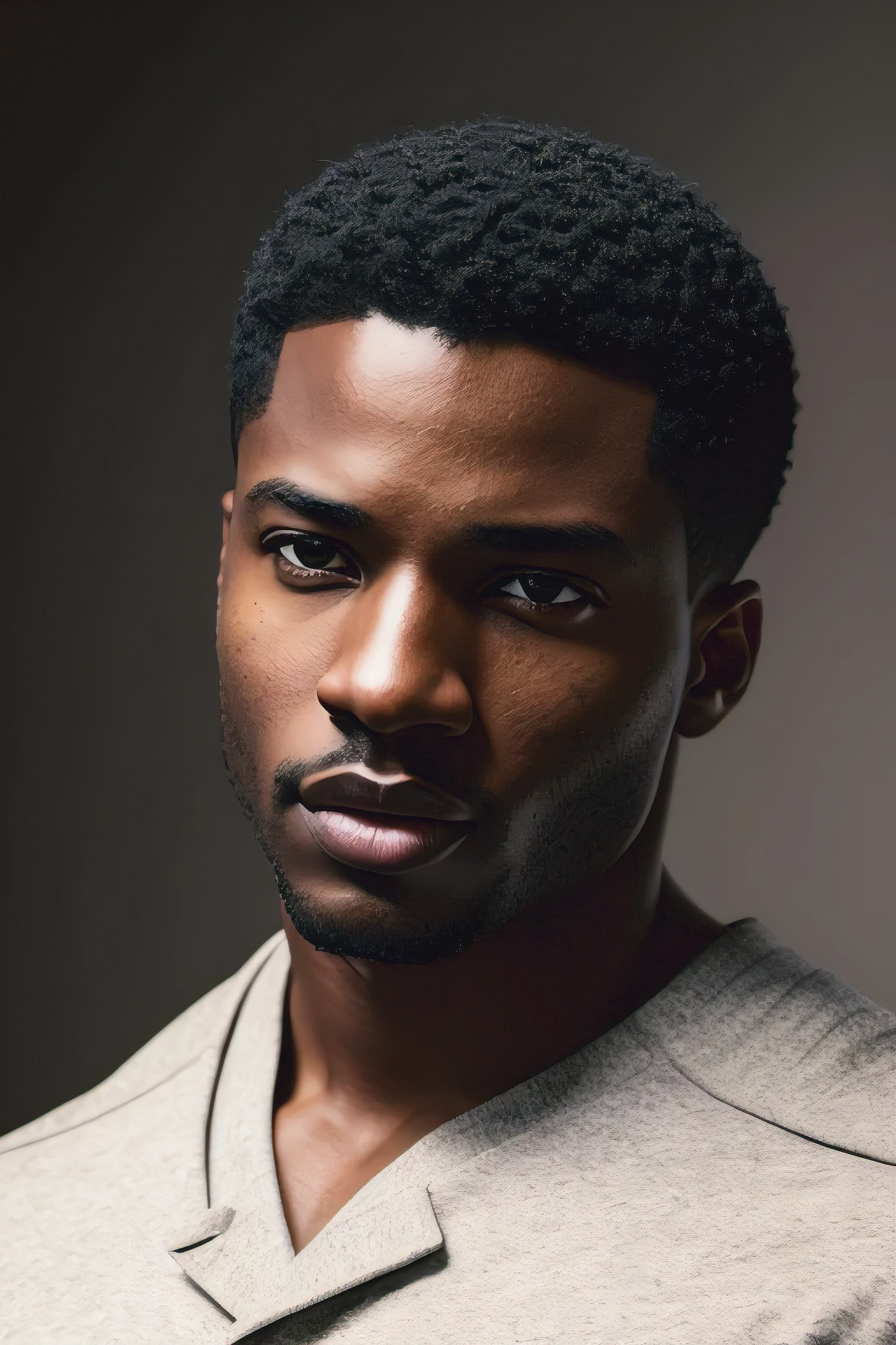 a black man with short hair, photo-realistic, high quality, detailed facial features, beautiful skin tones, dramatic lighting, expressive poses, warm color palette, cinematic composition, hyper detailed, 8k, masterpiece, intricate details, dynamic scene, moody atmosphere, photorealistic portraiture, studio lighting, chiaroscuro, dramatic shadows, vibrant colors, seamless blending