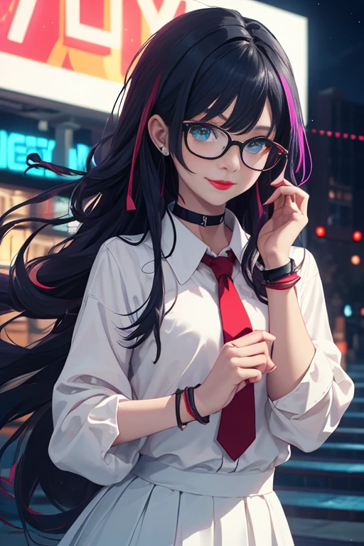 ((best quality)), ((masterpiece)), 8k, detailed eyes, perfect face, female, gamer girl, aqua eyes, cherry-red lips, light smile, long black hair, purple streaked hair, nerdy glasses, bangs, ribbon, choker, bracelet, sleeves past fingers, white shirt, red tie, black skirt, nighttime, neon lights, colorful lights