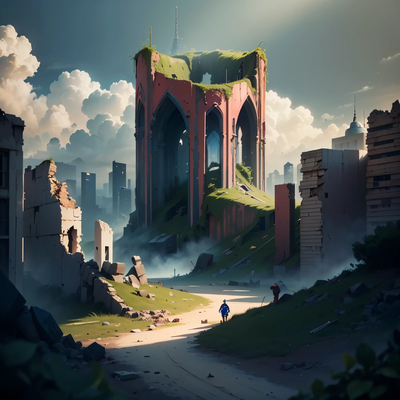 (Cinza-vermelho,azul-ouro,esquema de cores:1.4)In a post-apocalyptic metropolis, The remains of a huge city are in ruins, Semelhante ao estilo de jogo pixelado. Capture the view through the drone&#39;perspectiva, Fornece um efeito de lente olho de peixe exclusivo. The atmosphere is full of nostalgic cyberpunk vibe, Dilapidated cars and buildings are intertwined in a mesmerizing display. The city is bathed in neon lights, Casts an eerie glow on the floating dust particles that fill the air. In the midst of desolation, A natureza resiste, Plants are slowly reclaiming your urban landscape with their continued growth. The scene is a fascinating mix of futurism and decadence, Crie um mundo surreal，Remnants of the past merge with the possibilities of a new future.