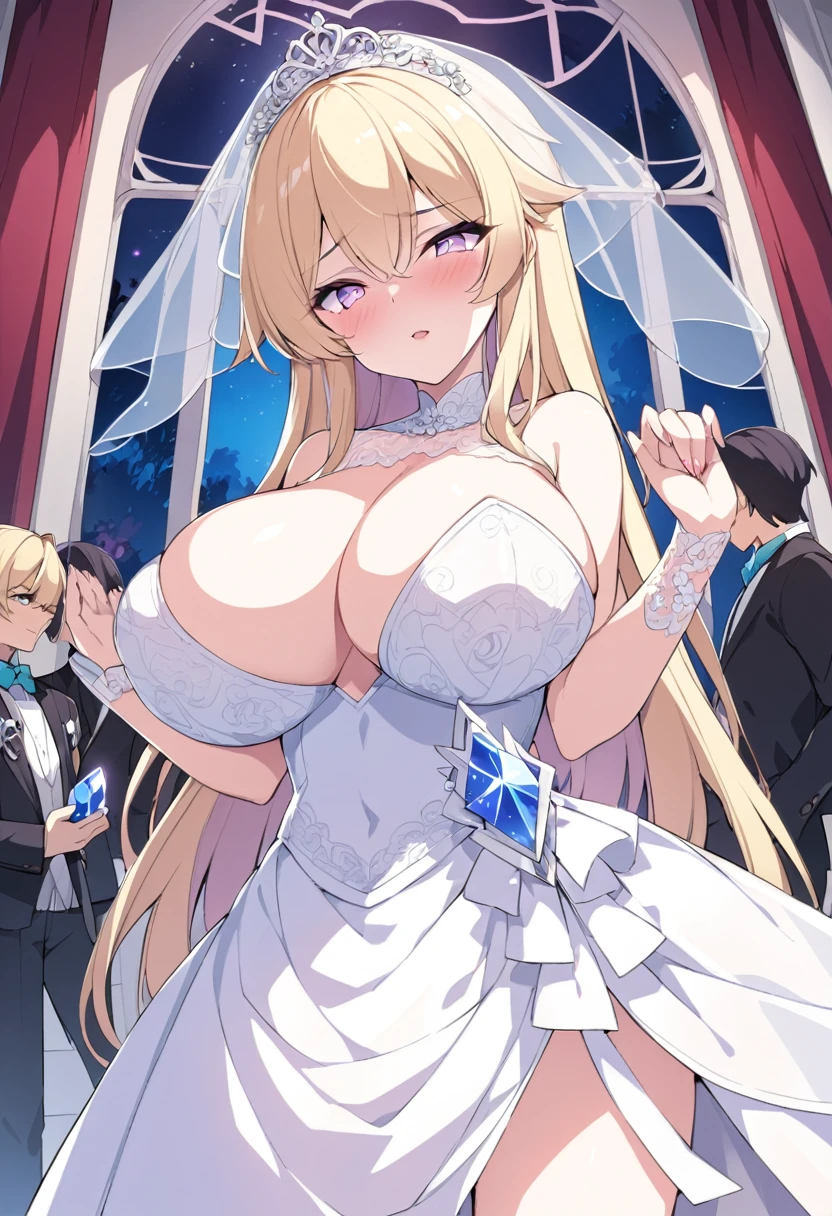 Cristalina, 20 years old, long blonde hair, light lilac eyes, huge breasts, wedding dress with her possession crystal, marrying the prince in the ceremony room at night.hentai