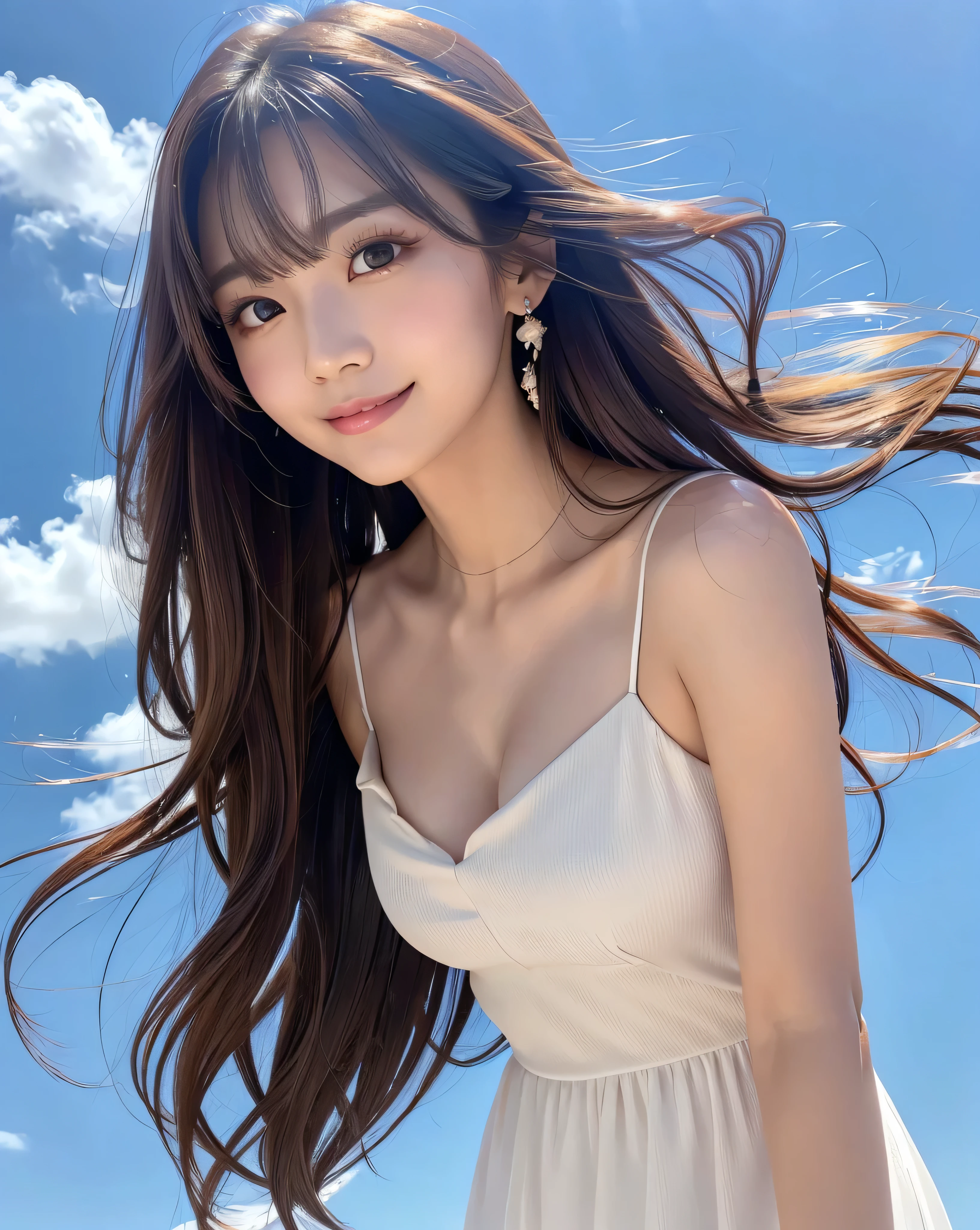(highest quality, 32k, High resolution, Masterpiece:1.5, ), marimo_jet, god々A photograph with brilliant dazzling and healing power., Evoking a sense of calm and elusive beauty, Expressing emotions, Have a rich imagination,Beautiful Japanese Girls, An exceptionally beautiful face, Small Face Beauty, Perfect Human Anatomy, ((Low - Angle:1.0)), ((Looking down)), Magical big eyes, Motherhood and generosity, Deep Love, A fleeting smile, ((Shiny brown hair:1.1)), ((Super Long Straight Silk Hair)), Asymmetrical bangs, Hair between the eyes, Transparent, soft white skin, Sharp eyebrows, Thin lashes, Natural Makeup, Cheek highlighter, Pale pink detailed lips, , ((White dress:1.2)), High resolution perfect collarbone, High resolution beautiful bust, Slim figure with ample breasts, High resolutionの美しい太もも, ((Detailed blue sky background:1.3)), Dazzling Sun, Professional Lighting, Professional photographer, Professional models, God's Secret