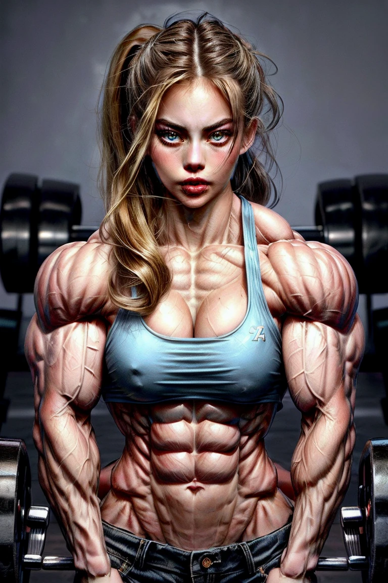 (2 girls body builders:1.6), ((masterpiece)), best quality, ultra-detailed:1.7, finely detail, high resolution:1.6, perfect dynamic composition, beautiful detailed faces:1.77, blonde babes:1.88, perfect red lipstick, perfect makeup:1.8, short denim bikini , large breasts:1.4, lovely look:1.7, gorgeous face:1.6, defined muscles:1.4, beautiful faces:1.8, alessandra ambrossio, izabel goulart, Kate Upton, Gigi Hadid, candice swanpoel ,popped out dense veins on muscles:1.8, hyper detailed picture:1.4, 8k resolution: 1.7, flex muscles:1.3, hyper muscular body shape:1.42, photorealistic:1.5, realistic:1.6, face masterpiece:1.74, good and professional lighting on picture:1.38, Ukrainian-Moroccan muscle beauty goddess, masterpiece 22 years old Ariana Grande and Jennifer Lopez as bodybuilders, extremely high resolution, hyper feminine beauty , hyper realistic texture , extra large , hyper muscularity, hyper vascularity, ass of titanium, muscles of steel, ripped body shape, ripped sexy ass with bikini, muscular ass , topless, kissing, good face details, hyper face detailing, doing sex, super romantic moment, hyper romantic, romantic kiss, nude females, perfect symmetrical face, sexy french kiss with tongues, serious muscle posing, exaggerated muscular body, extremely shredded, flexing and posing muscles as bodybuilder, exaggerated veins on biceps
