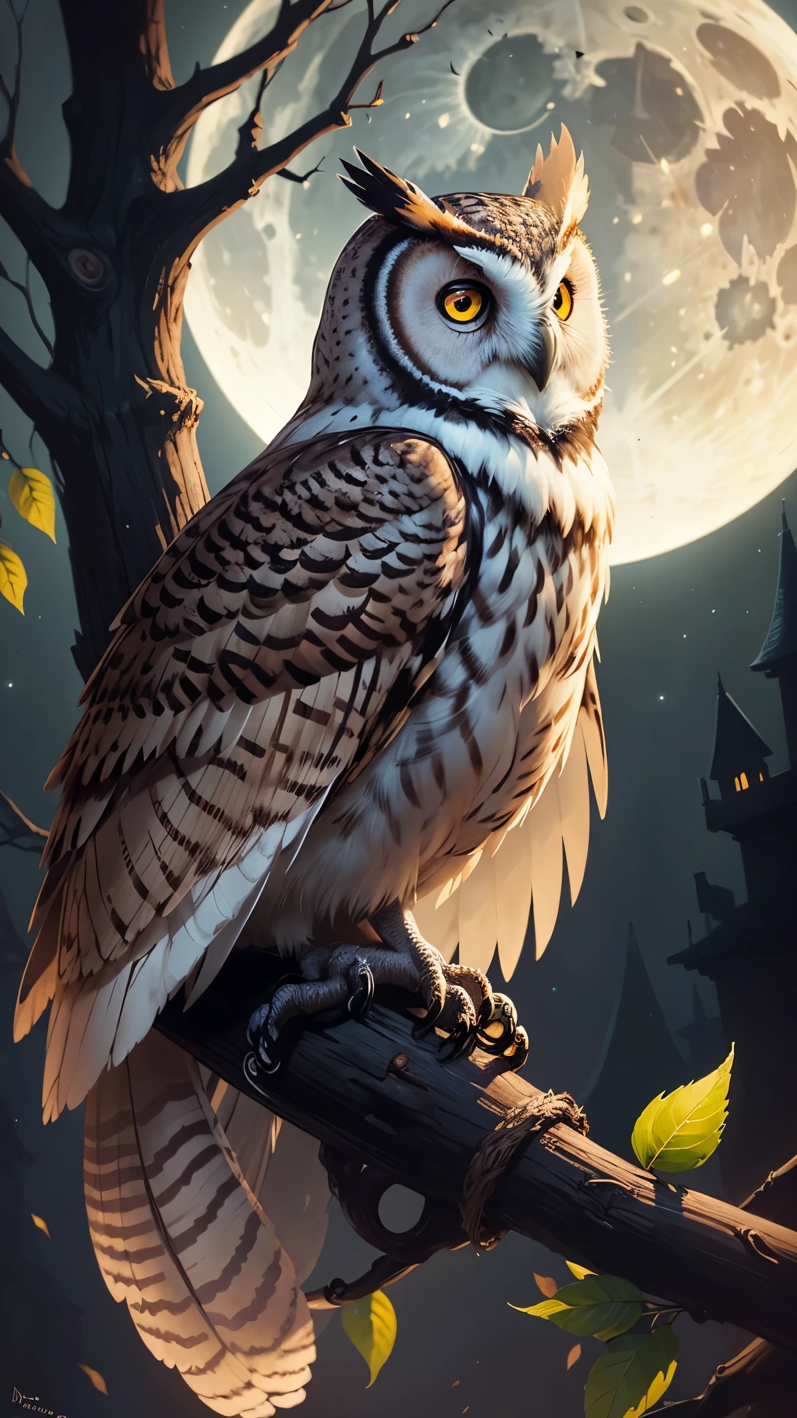 an owl sitting on a branch with a full moon in the background and leaves around it, with a full moon in the background, Anne Stokes, gothic art, highly detailed oil painting, an airbrush painting