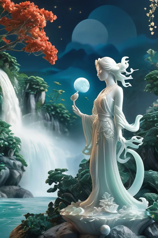 jade Sculpture, woman, Seascape, waterfall, floral background, pure white jade, Blue moon, cinematic light, trending on ArtStation , (intricate details, masterpiece, best quality), dynamic pose, (Use Dream Diffusion Secret Prompt), (Framed 3D, Jade), UHD
