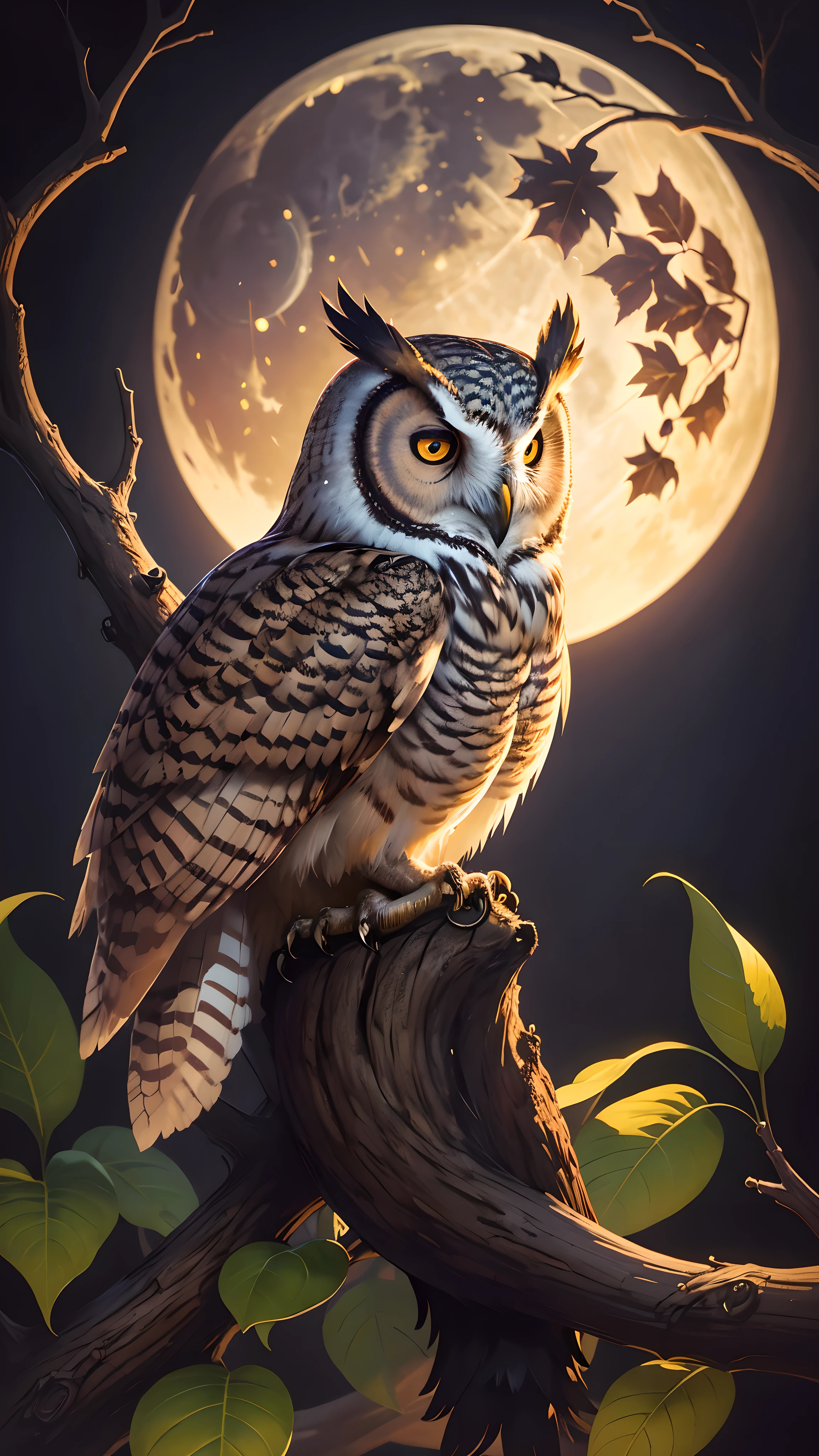 an owl sitting on a branch with a full moon in the background and leaves around it, with a full moon in the background, Anne Stokes, gothic art, highly detailed oil painting, an airbrush painting