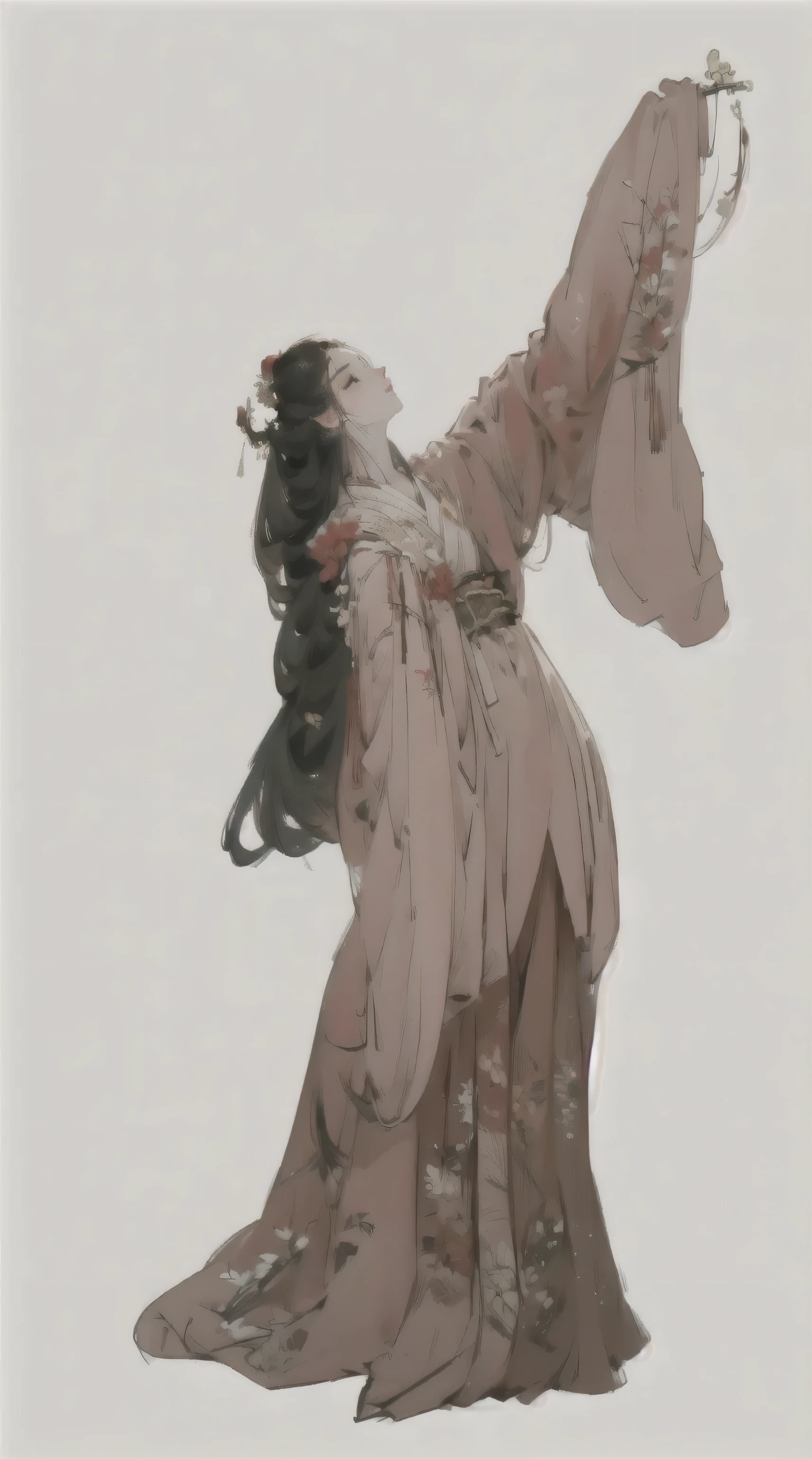 Wearing Hanfu with floral patterns、Chinese woman holding a fan, palace ， Girl wearing cinnabar red Hanfu, Long flowing hair and robes, Wearing ancient Chinese clothes, Wearing Chinese clothing, Chinese Princess, Inspired by Ji Yunfei, Inspired by Qiu Ying, Beauvot Art Style, Inspired by Zhu Derun, Wearing long, flowing clothes，Wearing a traditional Chinese hairpin，