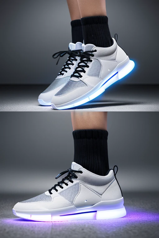 A captivating 3D render illustration of a futuristic high-top sneaker that is both stylish and technologically advanced. The high-top shoe displays sleek lines, holographic accents, and advanced air chamber technology in its soles, offering exceptional comfort. The cinematic lighting and high-resolution image create a powerful fashion statement, merging cutting-edge technology with modern design. The sneaker's innovative features make it the perfect choice for the contemporary, forward-thinking consumer. The overall effect is awe-inspiring, showcasing the groundbreaking future of footwear., photo, illustration, product, 3d render, cinematic, fashion