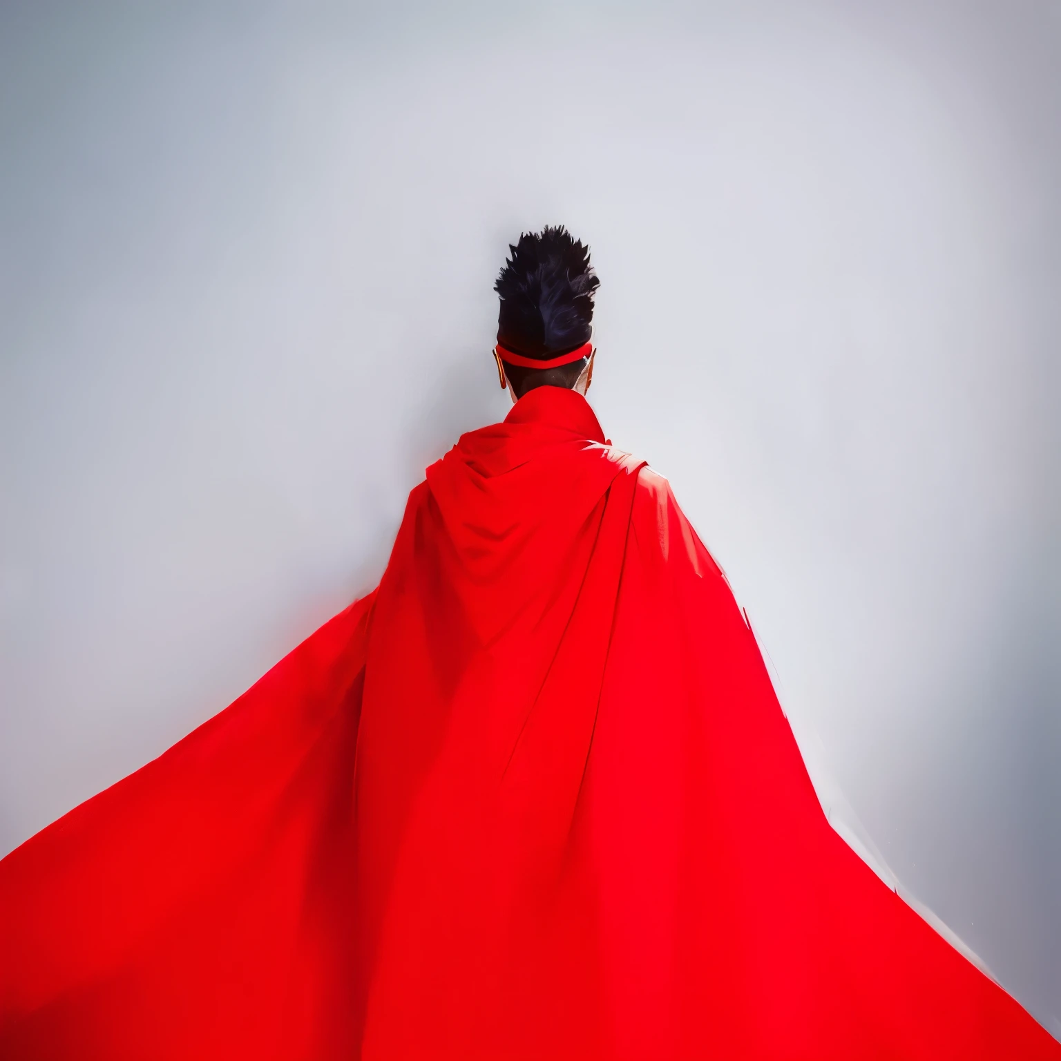 araffe wearing a red cape and a black mask, red cloth around his shoulders, wearing a red cape, bright red cape on her back, dressed in a beautiful red cloak, a red cape, red cape, wearing a cape, red cloak, long torn red cape, wearing cloak on blasted plain, fully clothed in red robes, wearing a king's cape