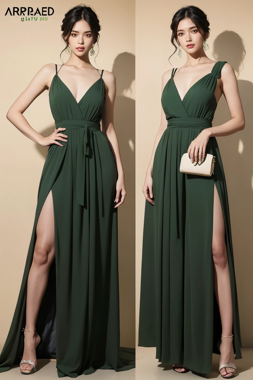 Araped woman wearing green dress and clutch bag, Full Body Green Dress, olive green, long dress, jumpsuit, long dress female, wearing a long dress, wearing long, flowing clothes, thin waist and thick hips, vivid details, pants, green clothes, waist height, Medium Poly, full-length view, Female figure wearing maxi dress