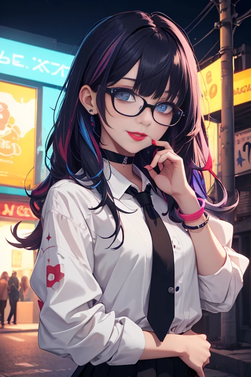 ((best quality)), ((masterpiece)), detailed eyes, perfect face, female, gamer girl, aqua eyes, cherry-red lips, light smile, long black hair with purple streaks, nerdy glasses, bangs, choker, bracelet, sleeves past fingers, white shirt, red tie, black skirt, nighttime, neon lights, colorful lights