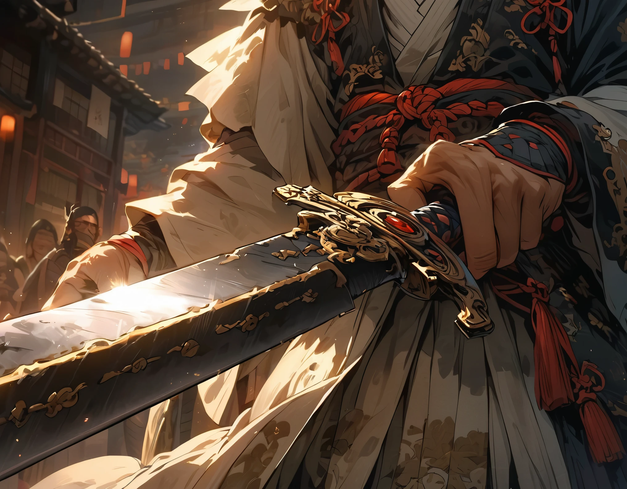 Close-up of a sword held by a samurai, face out of focus, detailed sword with edge and ornament, sword held in one hand, image taken from below reflecting the light of the metal sword