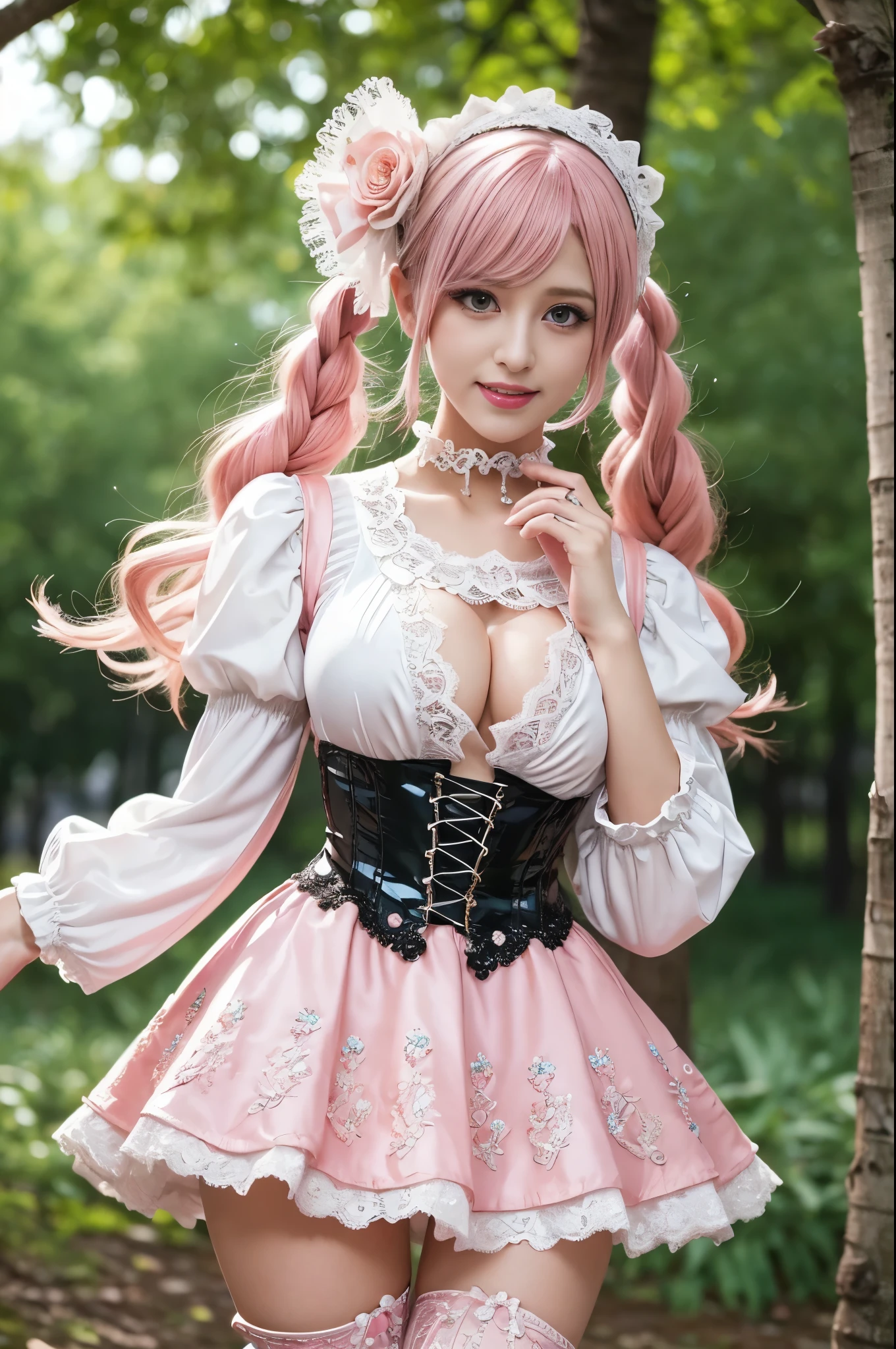(nsfw), sexy stylish Swedish model, only 1 female, ((doll-like appearance)), long neon pink stylish hair, ((shiny Victorian-Style boots)), (big smile), ultra detailed eyes, vivid eye makeup, lipgloss, long lashes, defined eyebrows, (medium naked breasts), ((sexy Paradise Kiss cosplay)), (naked aroused open pussy), bell-shaped skirt, petticoats, high neckline, puffed sleeves, (( ultra detailed lace)), ((ultra detailed embroidery)), intricate details, Paradise Kiss accessoires and matching headpiece, choker, ((large sparkling Paradise Kiss jewelry)), cinematic light, detailed large park background with trees