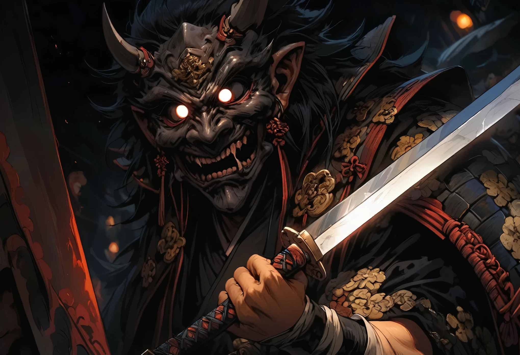 Close-up of a sword held by a samurai, face out of focus, detailed sword with edge and ornament, sword held in one hand, image taken from below reflecting the light of the metal sword