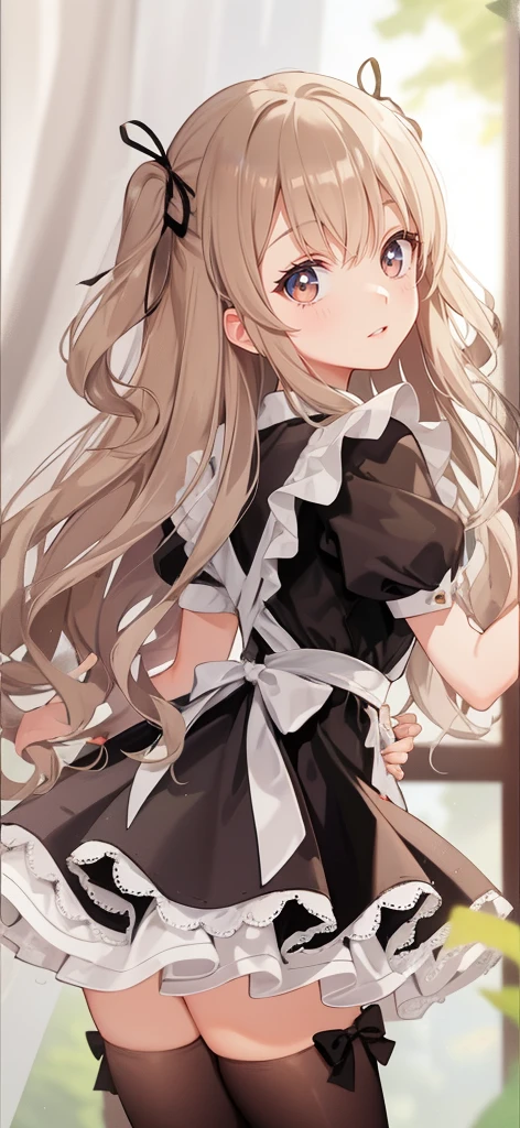 1girl in、AS-Adult、、A smile、The shirt、skirt by the、(small tits)、doress、pinafore、hair adornments、(Maids)、Upper body portrait、light tan hair