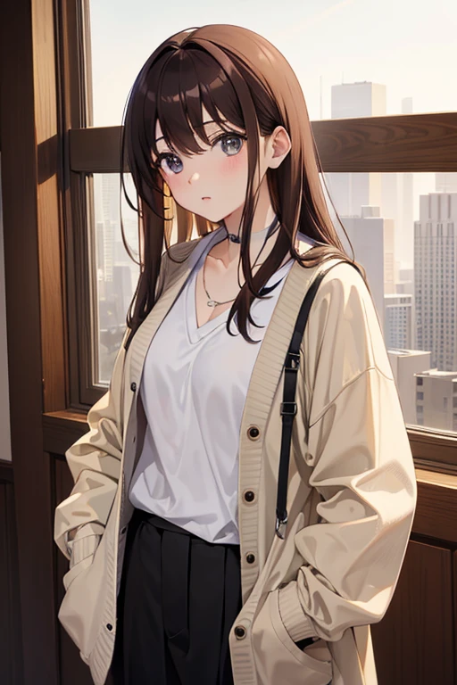 masterpiece, highest quality, High resolution,Anime Style、Brown Hair、long、Put on a cardigan