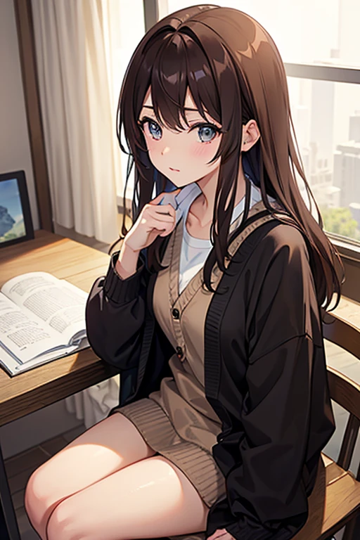 masterpiece, highest quality, High resolution,Anime Style、Brown Hair、long、Put on a cardigan