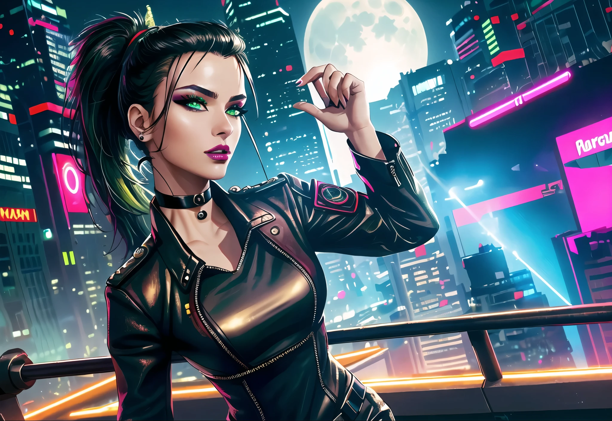 (masterpiece, best quality, 8k, sharp focus, depth of field, best shadows, perfect lights, HDR, realistic skin texture, hyper detailed background), Long Angle Shot, ((CYBERPUNK THEME)), solo, 1 woman, she is a mercenary, (green eyes, white skin, black hair with ponytail, choker, small breasts, slim, makeup, eyeliner, lipstick), she is doing a job in a futuristic Korean city, holding a Tech-katana with a strong grip, night, sky, waning moon, wearing a beautiful tech jacket and leather pants.
