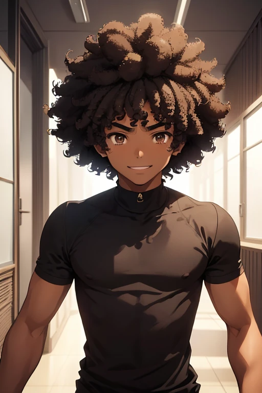 /(Boy),(anime),(man),(16 year old teenager),(dark brown skin color),(brown eyes),(Afro Brazilian),(short black curly hair),(height 1.80), (average physical height),(young),(Masochistic and smiling expression)