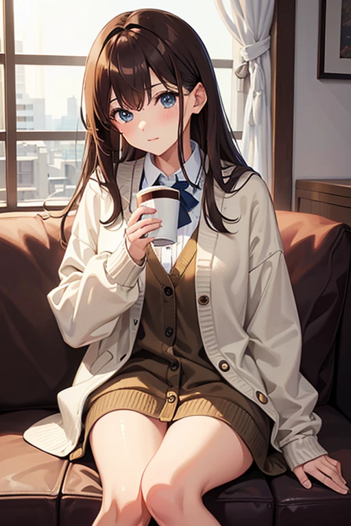 masterpiece, highest quality, High resolution,Anime Style、Brown Hair、long、Put on a cardigan、Cafe