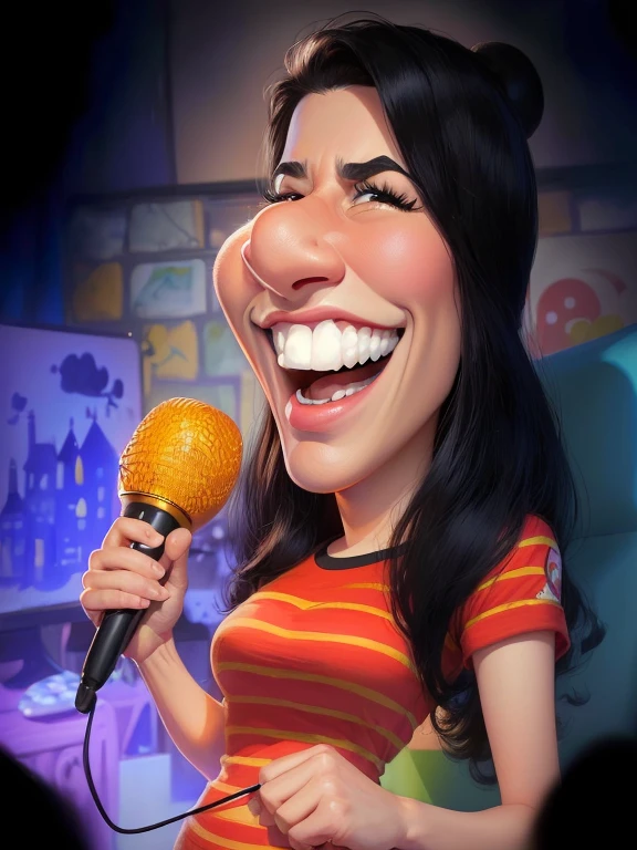 8k, Disney Pixar, desenho de uma mulher segurando um microfone e sorrindo, caricatura illustration, caricatura style, retrato de desenho animado, caricatura, caricatura, caricatura!!!, por Arturo Rivera, por Eddie Mendoza, desenho animado realista, pintura digital de desenho animado, em estilo cartoon, caricaturista, arte digital dos desenhos animados, estilo de arte dos desenhos animados, desenho animado de arte digital, cartoon illustration, parece a Laura Barriales