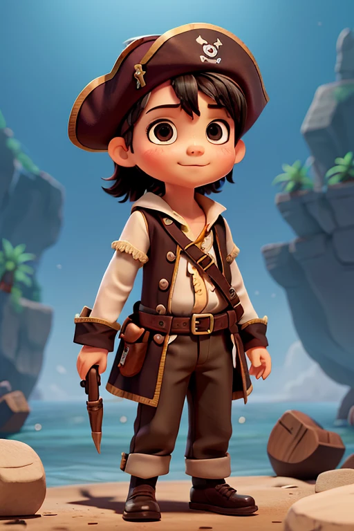 a little pirate, explorer, with various expressions and poses, cute, 7 , short black hair, an eye patch, pirate clothes.