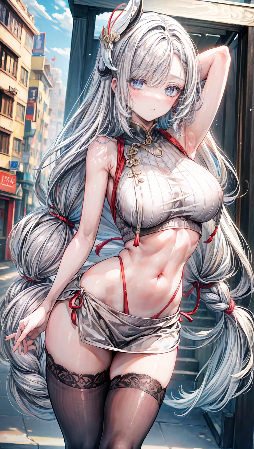 ShenheV4, (Shenhe wearing sweater), white sweater, stockings, (solo:1.1), (mature woman:1.2), beautiful face, (detailed eyes), symmetric eyes, (thin lips), (long hair, grey hair, braid, hair over one eye, hair ornament), (beautiful round breasts), voluptuous body, abs, bare belly, slim waist, (masterpiece, best qualty), soft ambient lighting, standing, front view, city street background, buildings, new york, vivid colors, sunny day, blue sky, looking at the viewer, slim waist, HD, 8K, vivid colors, intricate, (absurdres:1.2), blurry_background, bokeh, (sharp focus) ((detailed face)), facial details, (pov thighs)