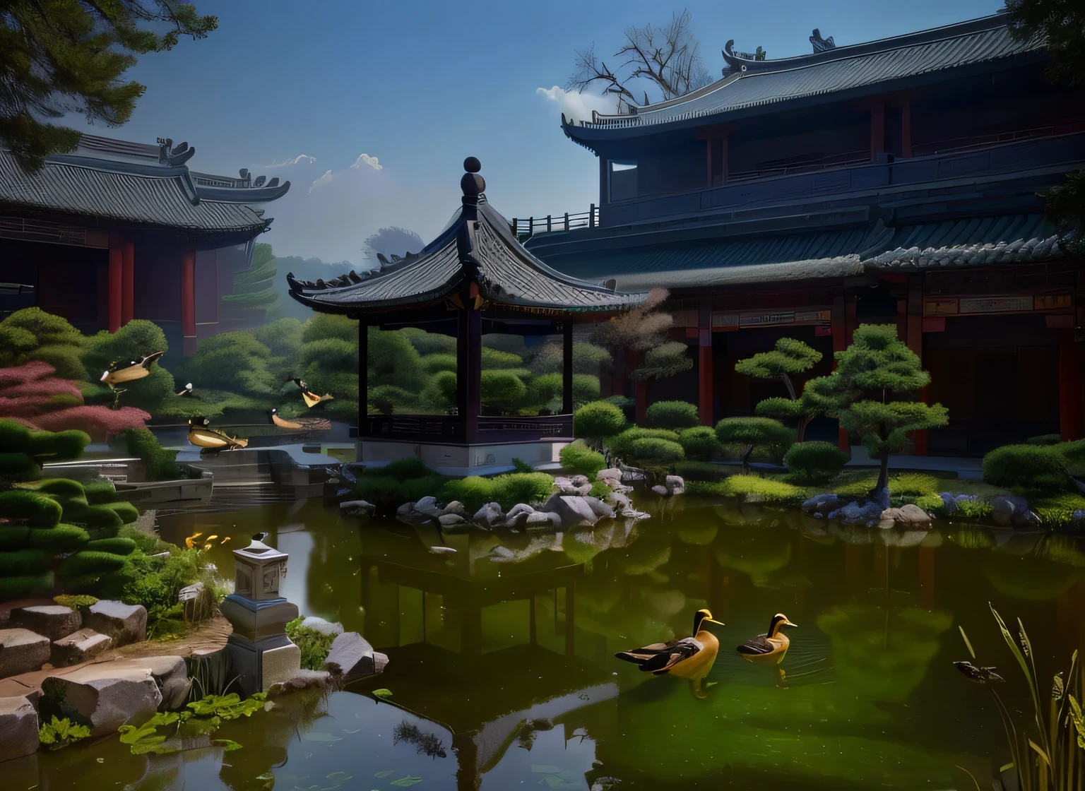 There are three ducks swimming in the pond in front of the building, ancient chinese architecture, Tang Dynasty Palace, Chinese Palace, Chinese, Photos taken with Sony a7R camera, royal garden landscape, Chinese scenery, , There is a fish pond and a garden,high details 高细节 high quality 高质量 There are three ducks swimming in the pond in front of the building, ancient chinese architecture, Tang Dynasty Palace, Chinese Palace, Chinese, Photos taken with Sony a7R camera, royal garden landscape, Chinese scenery, , There is a fish pond and a garden,high details high quality award winning best quality highres 8k 16k quality 8k super detail award winning best quality highres 8k 16k quality 8k super detail
