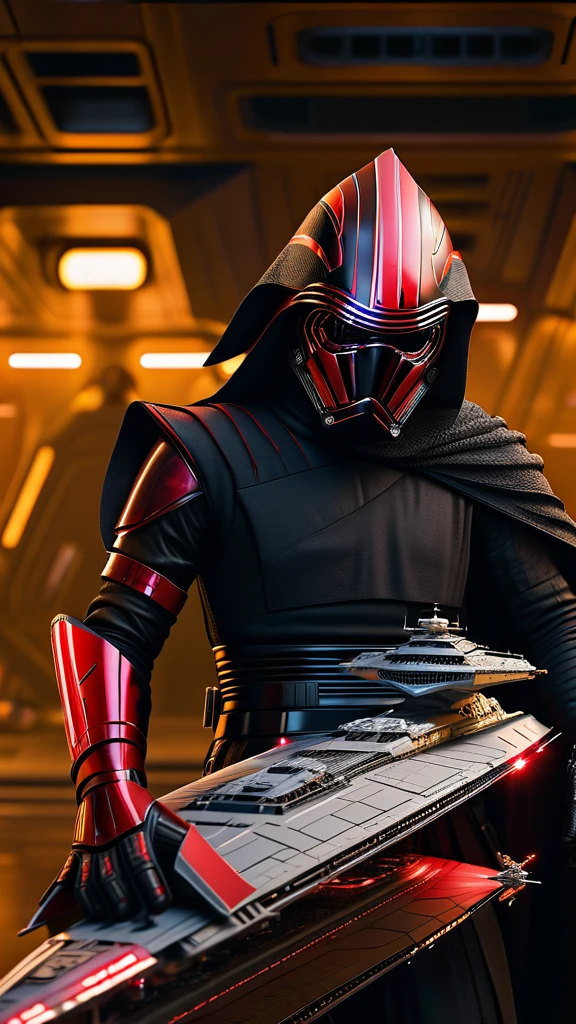 Starwars style kylo ren , dland men , full body , bacgeound star wars star destroyer Hyperrealistic, cinematic, realistic 8k