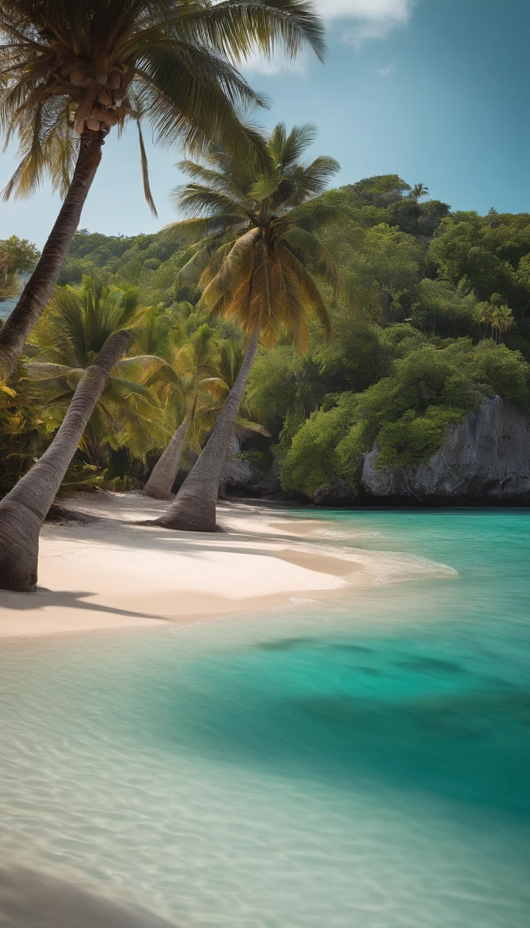 Paradisiacal beach with clear, crystal clear waters and some palm trees