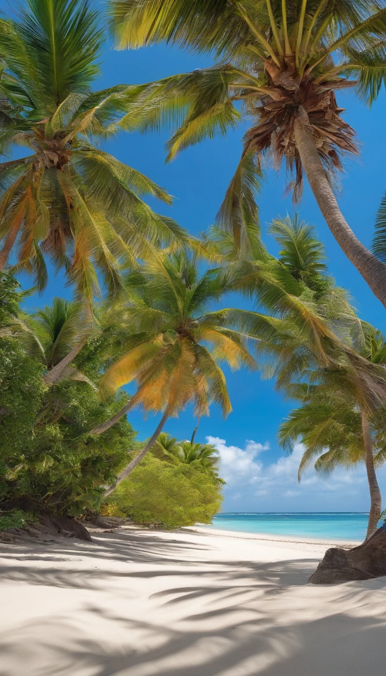 Paradisiacal beach with clear, crystal clear waters and some palm trees