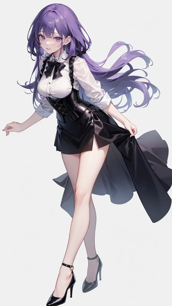 Purple Hair,long hair,Adult female,(suit),White Y-shirt,((Rolling up his sleeves)),(corset),(Black tight skirt),(High heels),Heels are visible,((Simple white background)),smile,((whole body)),((full body)),