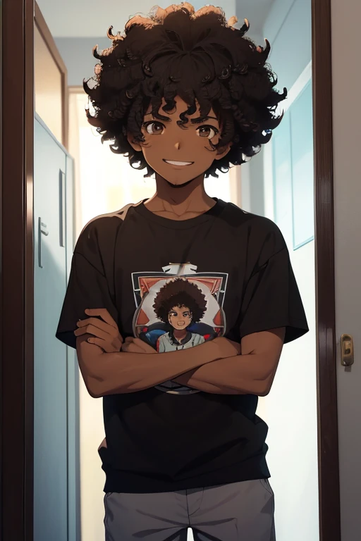 /(Boy),(anime),(man),(Alone),(16 year old teenager),(dark brown skin color),(brown eyes),(Afro Brazilian),(short black curly hair),(height 1.80), (average physical height),(young),(Masochistic and smiling expression)