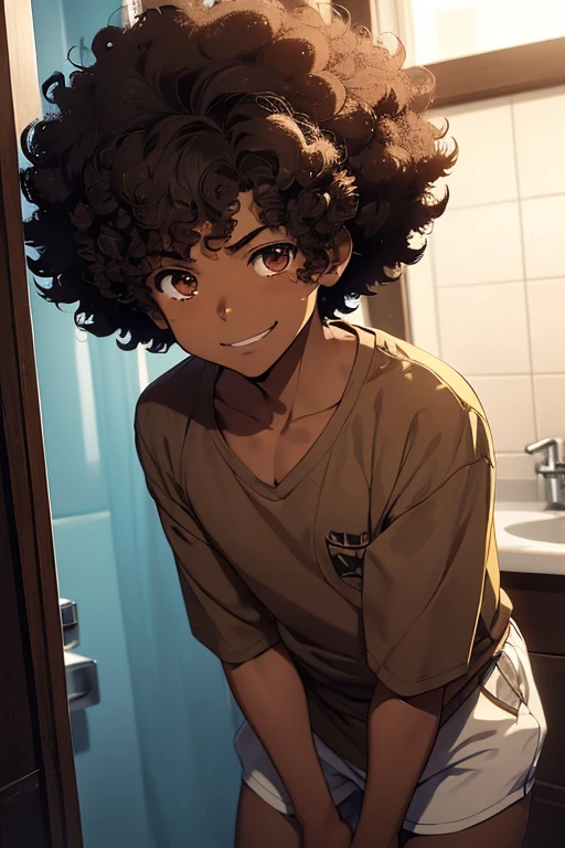 /(Boy),(anime),(man),(Alone),(16 year old teenager),(dark brown skin color),(brown eyes),(Afro Brazilian),(short black curly hair),(height 1.80), (average physical height),(young),(Masochistic and smiling expression)
